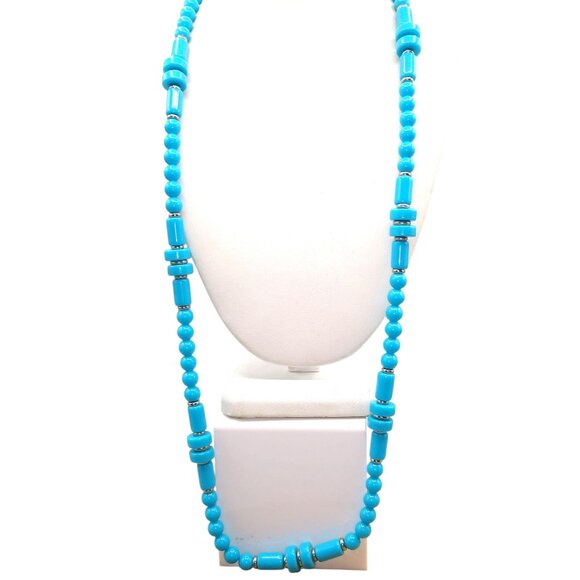 Vintage Turquoise Lucite Beaded Necklace, Interesting Strand with Multiple Shape - Picture 1 of 5